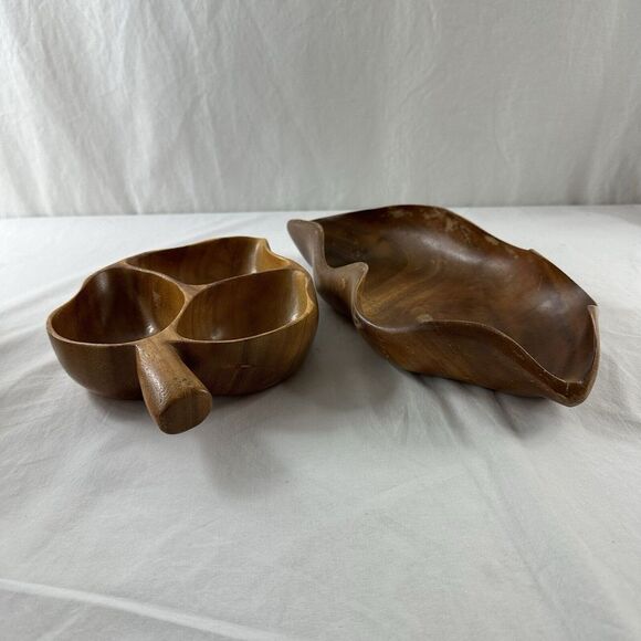 2 Vtg House Of Monkey Pod Wood Dishes Divided Leaf Bowl & Abstract Bowl Hawaii - Picture 4 of 15